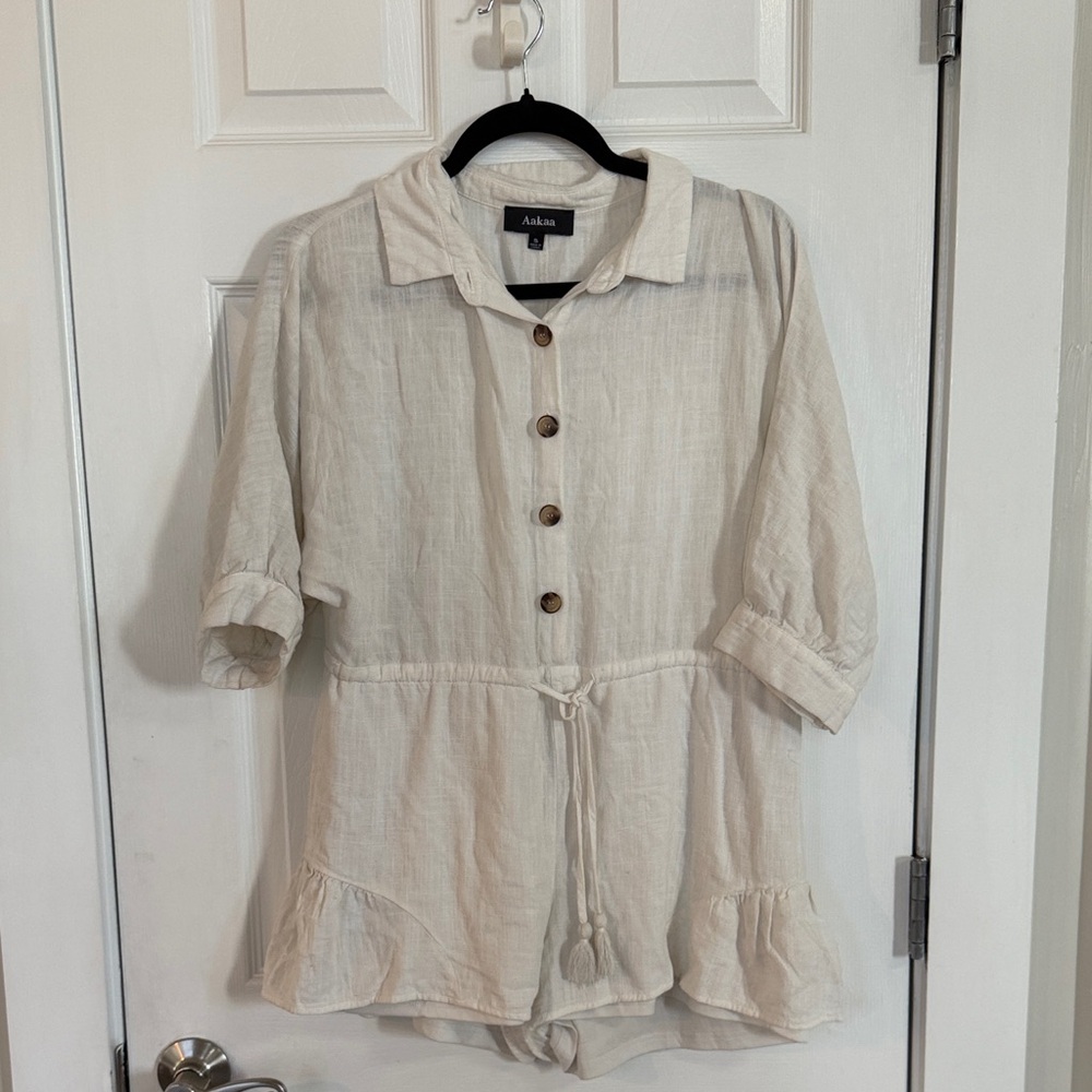 Aakaa Cream Romper Shirt/Shorts with Drawstring Boho coastal vibes